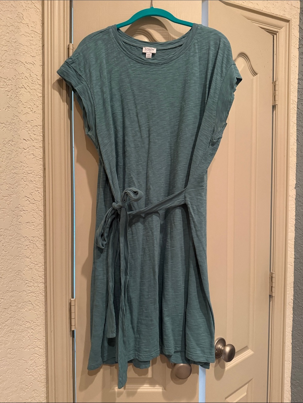 J. Crew Teal Short-Sleeve Tie-Waist Mini Dress